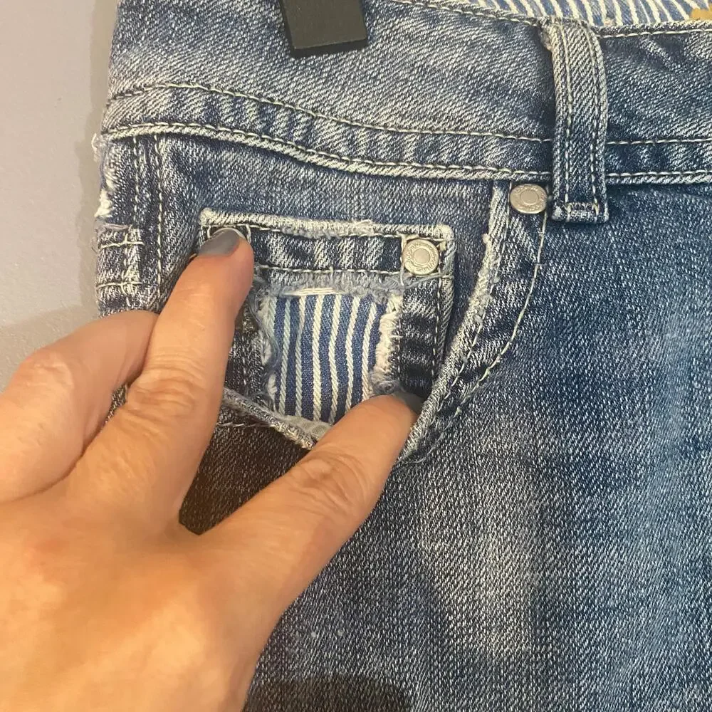 Miss Me Blue Seville Fringe Bermuda Stripe Detail Denim Jean Shorts Women Sz 27